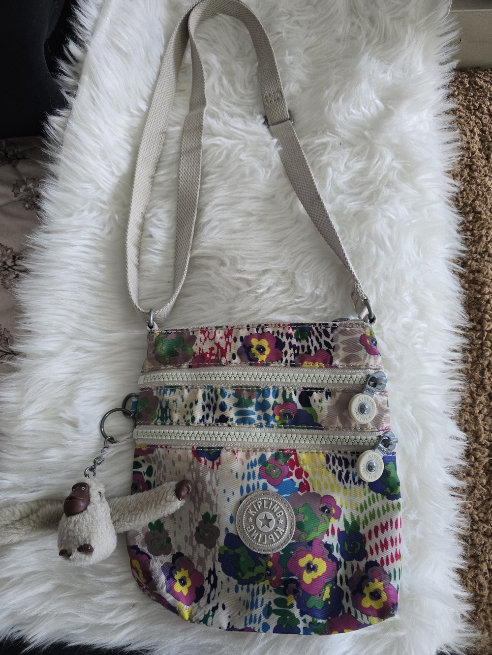 Kipling Beige Floral Crossbody Bag with Multicolor Print